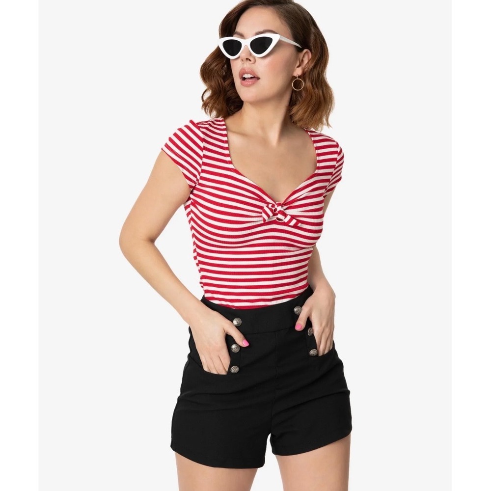 Unique Vintage High Waist Sailor Debbie Shorts Navy Gold Buttons Size XL Pinup - Picture 2 of 9